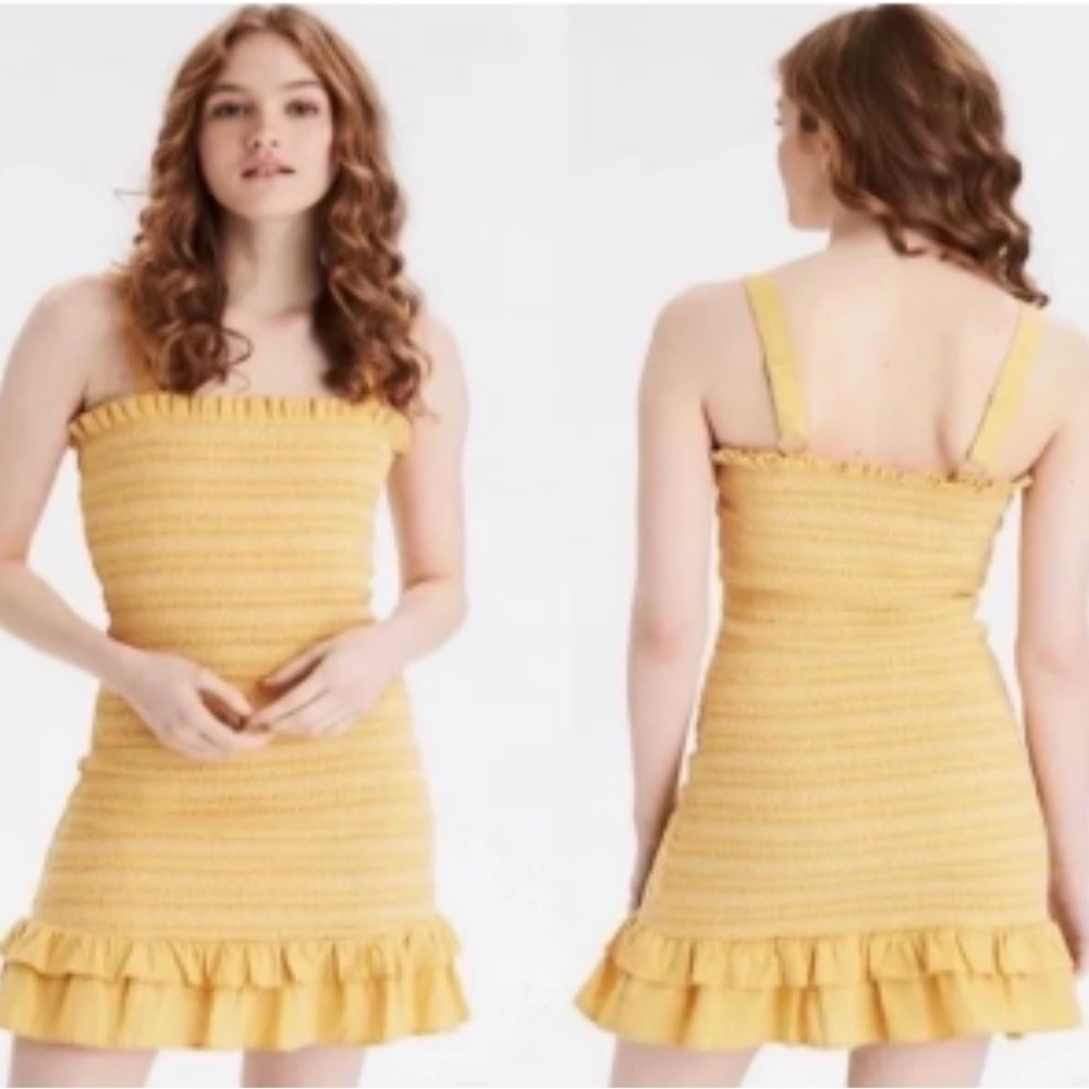 American Eagle Women Dress Linen Cotton Yellow XL Smocked Flare Ruffle H…